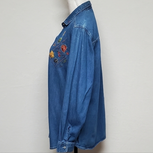 VINTAGE 1990s Bobbie Brooks Boho Fall Leaf Embroidered Button Up Chambray Shirt - Picture 6 of 14